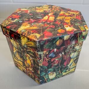Vintage Santa Paper Mache Decoupage Christmas Gift Box/Decor Box, Hexagonal-9.5"